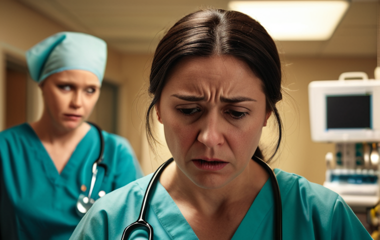 **

A healthcare worker (doctor or nurse) looking stressed but determined, surrounded by medical equipment. Soft, warm lighting to convey empathy. In the background, blurred figures represent patients needing care. The overall mood should be supportive and highlight the pressures of the job.

**