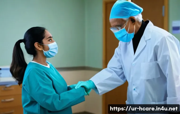 건강관리사 초보자를 위한 실무 가이드 - A compassionate healthcare worker wearing full protective gear including gloves, mask, gown, and sho...