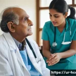 건강관리사 업무 사례별 해결책 - A compassionate healthcare professional attentively listening to an elderly Urdu-speaking patient in...