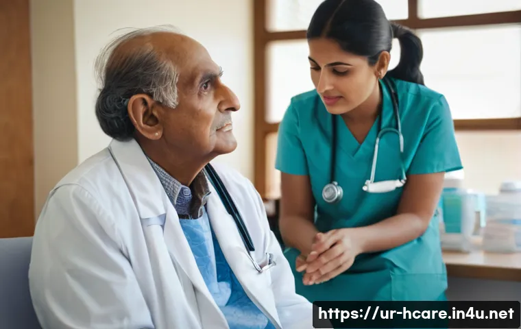 건강관리사 업무 사례별 해결책 - A compassionate healthcare professional attentively listening to an elderly Urdu-speaking patient in...