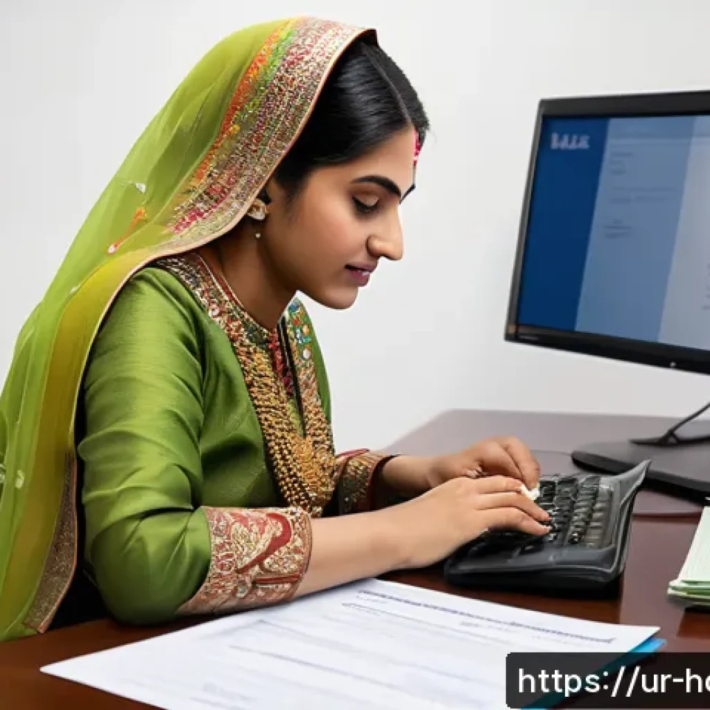 건강관리사 자격증 재발급 신청 방법 - A professional South Asian woman in traditional attire sitting at a modern computer desk, carefully ...