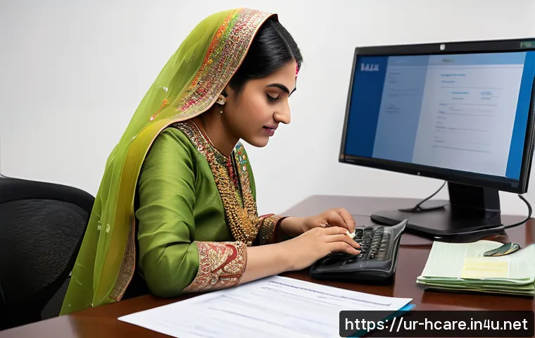 건강관리사 자격증 재발급 신청 방법 - A professional South Asian woman in traditional attire sitting at a modern computer desk, carefully ...