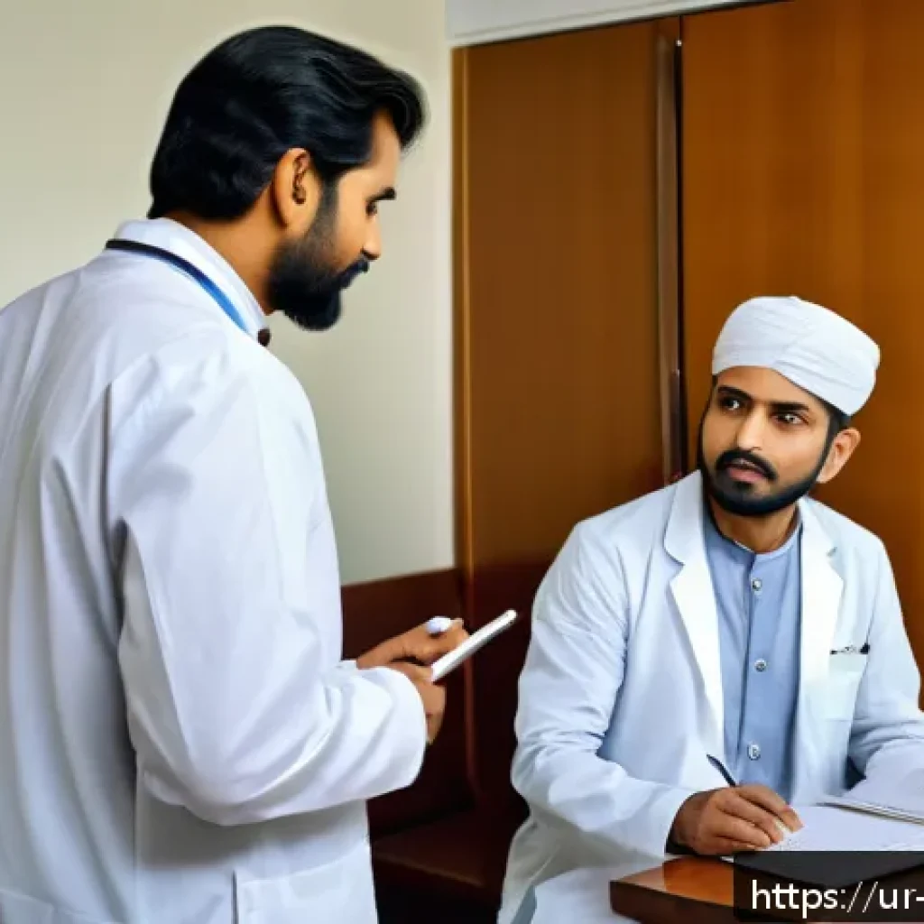 건강관리사의 커뮤니케이션 스킬 - A compassionate South Asian female doctor attentively making eye contact with a middle-aged Urdu-spe...