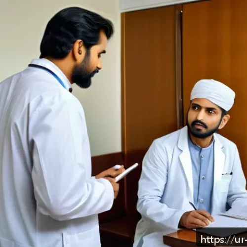 건강관리사의 커뮤니케이션 스킬 - A compassionate South Asian female doctor attentively making eye contact with a middle-aged Urdu-spe...