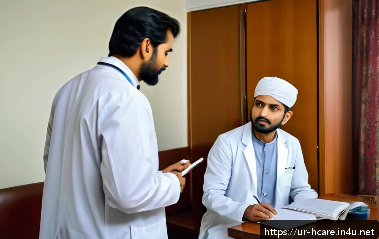 건강관리사의 커뮤니케이션 스킬 - A compassionate South Asian female doctor attentively making eye contact with a middle-aged Urdu-spe...