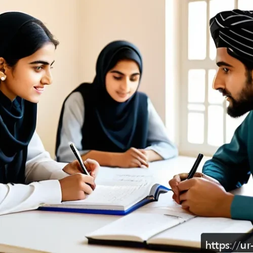 건강관리사 자격증 시험 후기 - A focused group of diverse Urdu-speaking students, both male and female, studying together in a cozy...