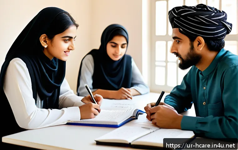 건강관리사 자격증 시험 후기 - A focused group of diverse Urdu-speaking students, both male and female, studying together in a cozy...