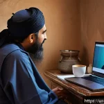 건강관리사 필수 중점과목 정리 - A modern telemedicine consultation scene set in a rural Pakistani village, featuring a middle-aged U...