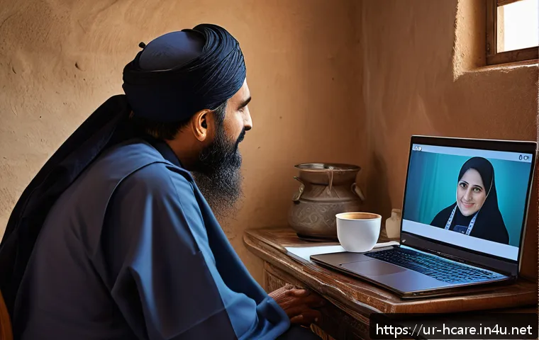 건강관리사 필수 중점과목 정리 - A modern telemedicine consultation scene set in a rural Pakistani village, featuring a middle-aged U...