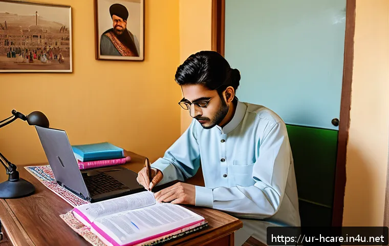 건강관리사 자격증 시험일정 공지 - A detailed scene of a young South Asian healthcare student preparing for a certification exam at hom...