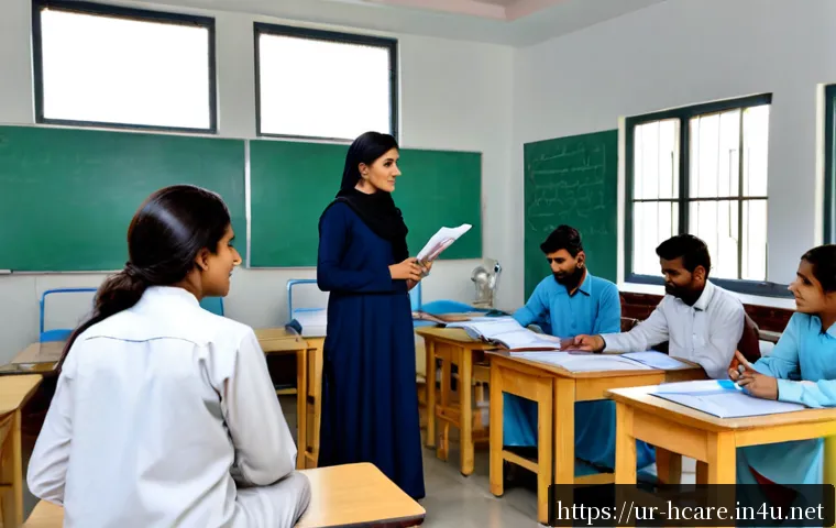 건강관리사 교육과정 커리큘럼 분석 - Photorealistic Pakistani healthcare training classroom, a female instructor in modest shalwar kameez...